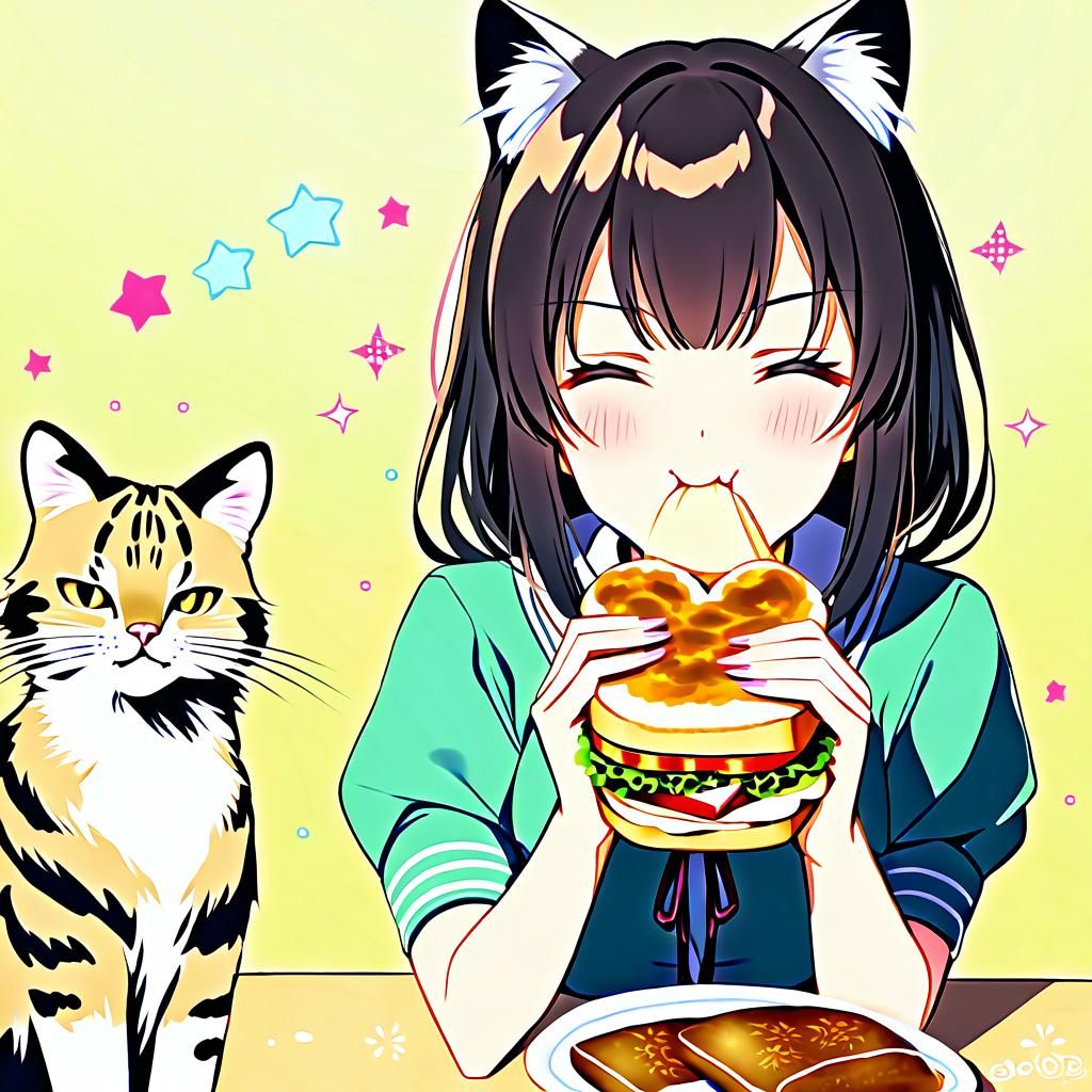 Pretty Gaijin woman dark hair eating スナネコサンド Sand cat sandwi...