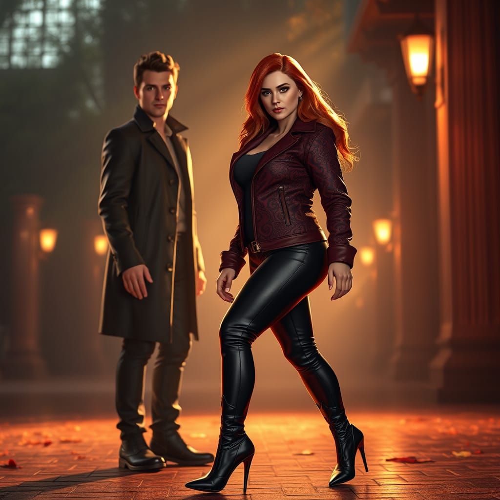 Epic Fantasy Figure Stepping into Light with Red Hair and Em...