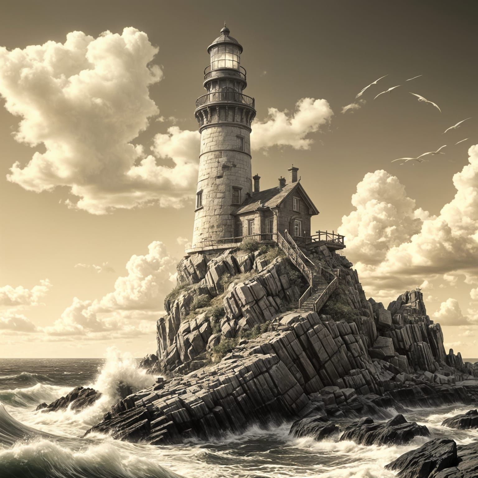 Surreal Lighthouse on Rocky Island in Epic Blue Sky