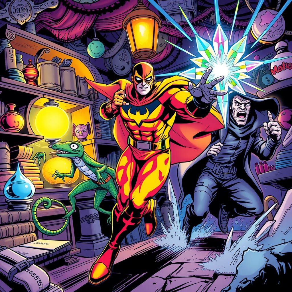 Superhero Duo Rushes into a Vibrant Magic Shop