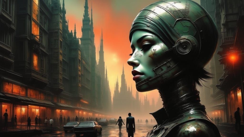 Art Nouveau City Split Between Light and Shadow