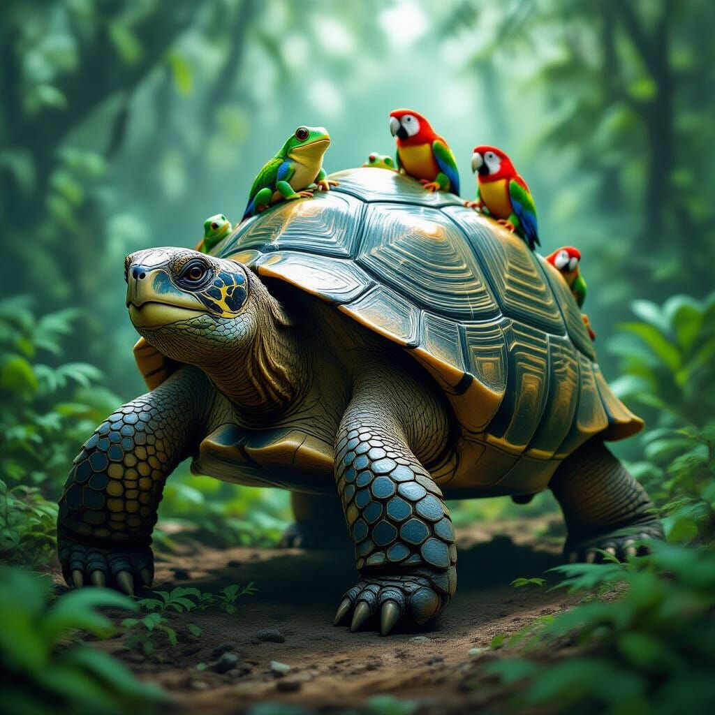 Giant Tortoise with Fractal Shell in Misty Jungle