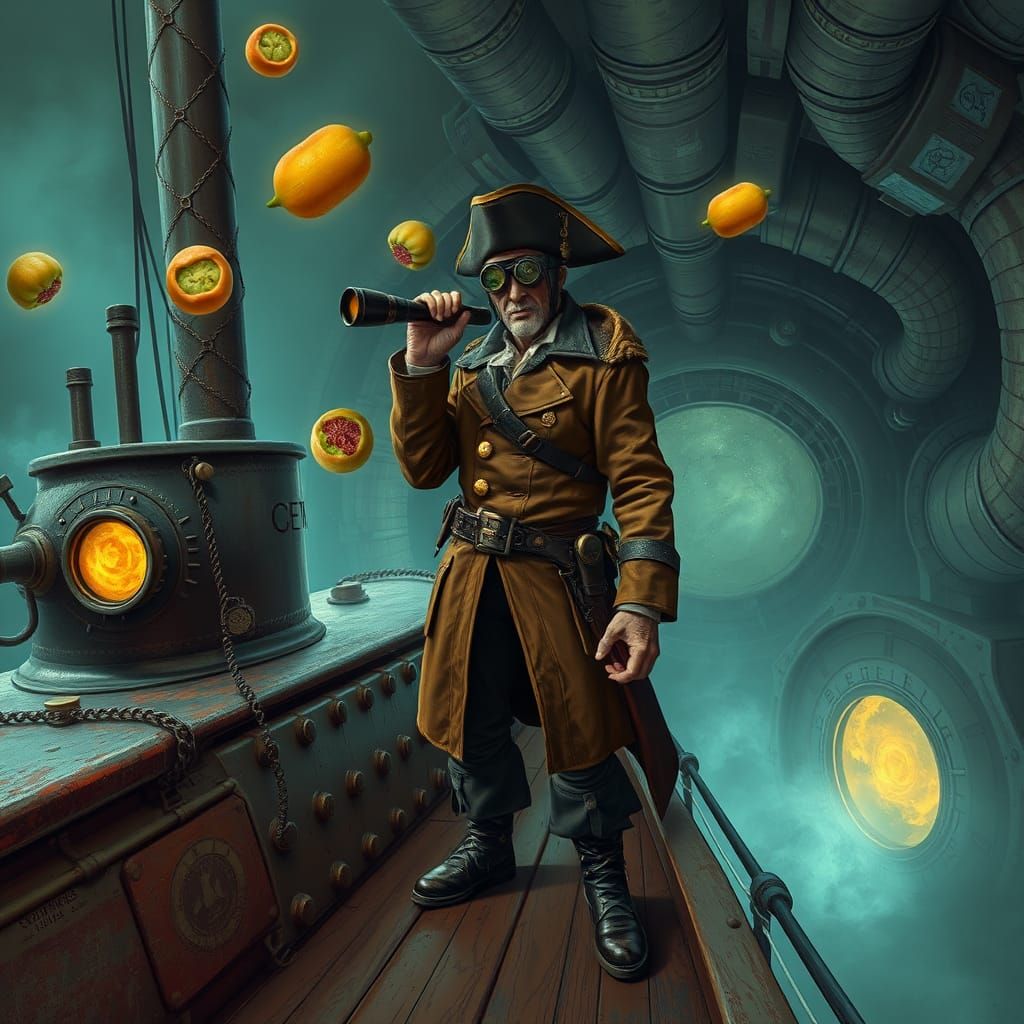 Steampunk Sky Pirate Captain in a Futuristic Compacting Room