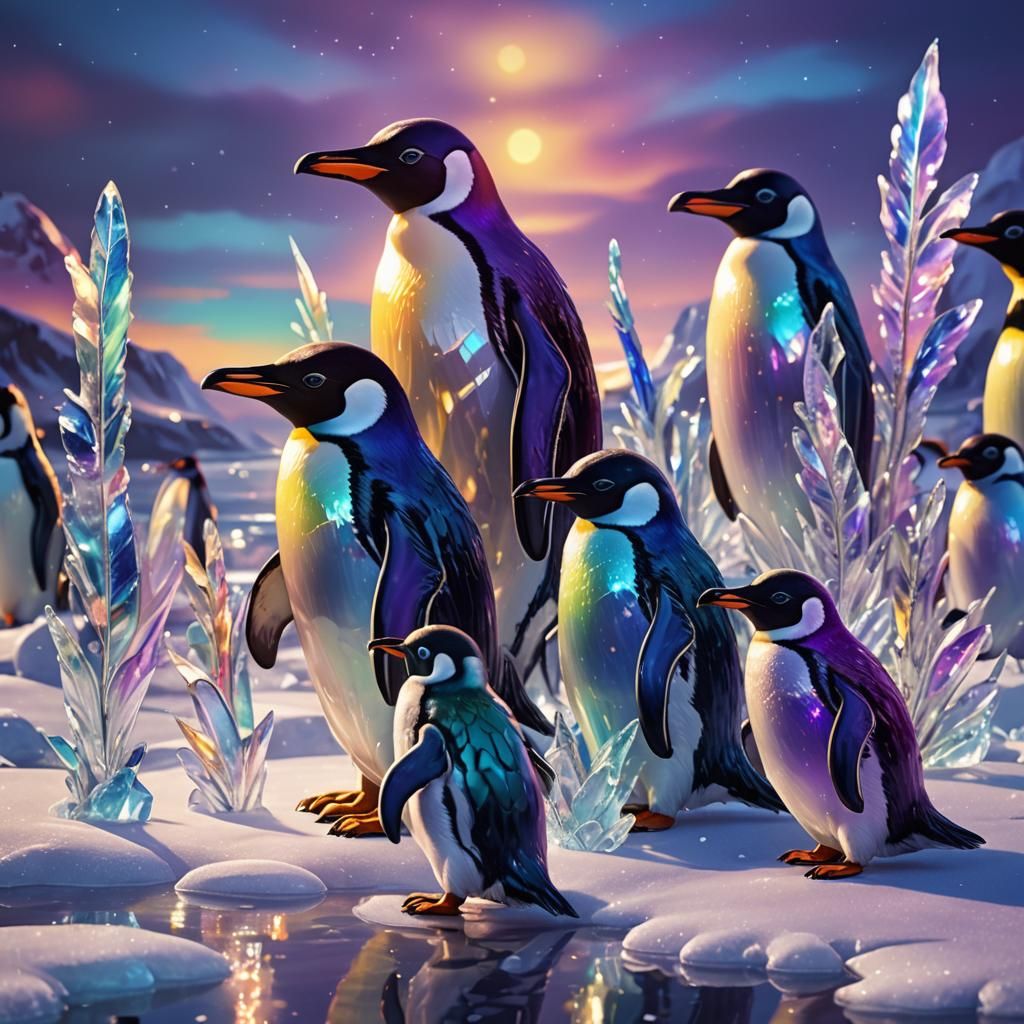 Glass Penguin Family on Icy Shores: Oil Painting