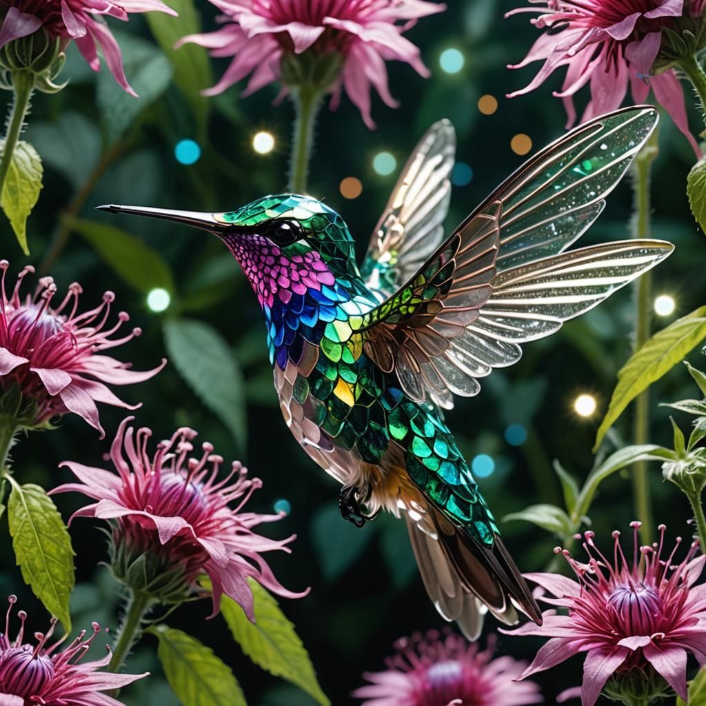 Glass Hummingbird on Beebalm in Enchanted Garden