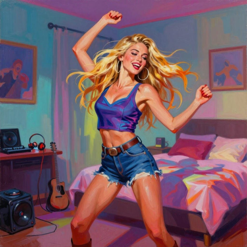 Blonde Woman Dancing Joyfully in Vibrant Bedroom