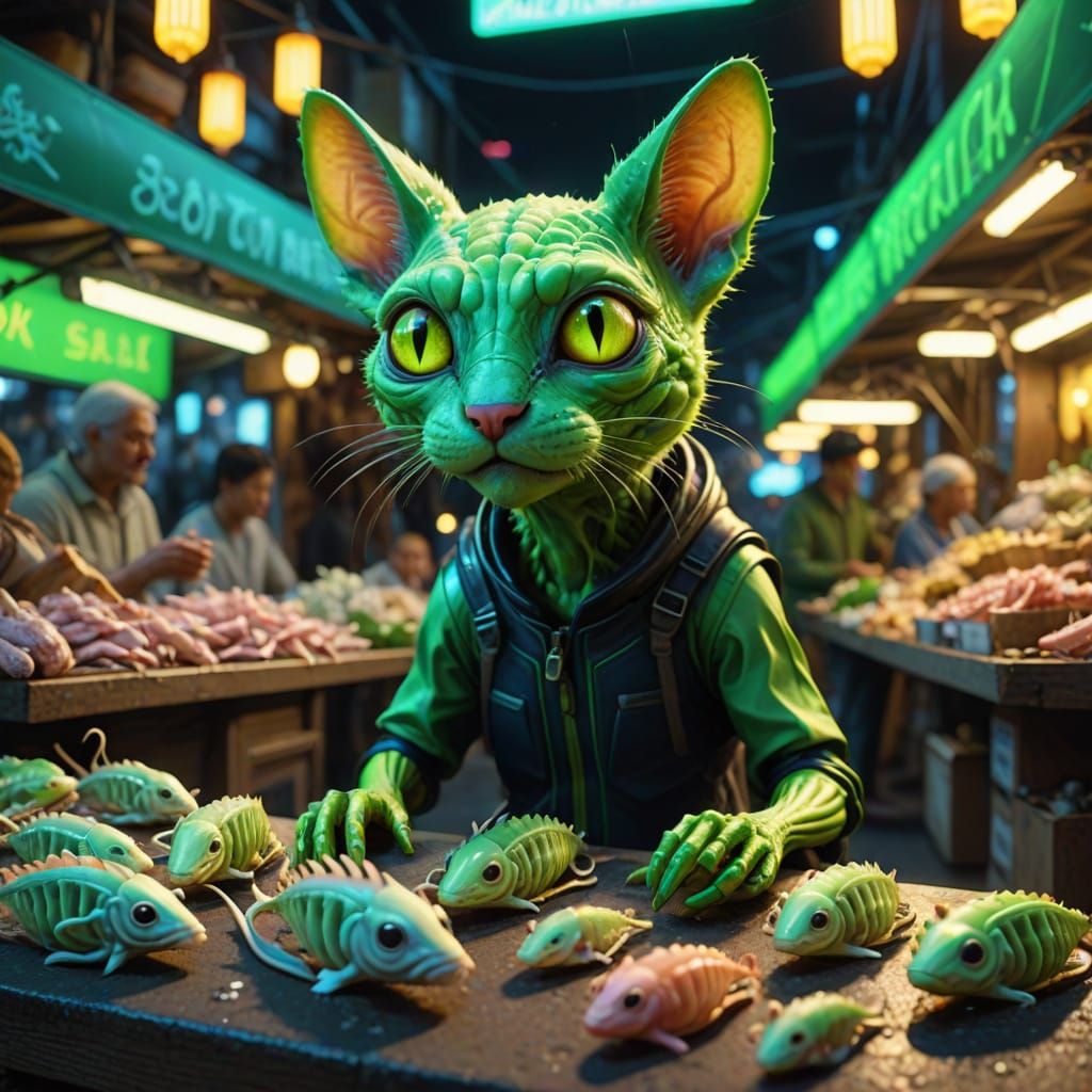 Alien Cat Selling Glowing Mice in Futuristic Market