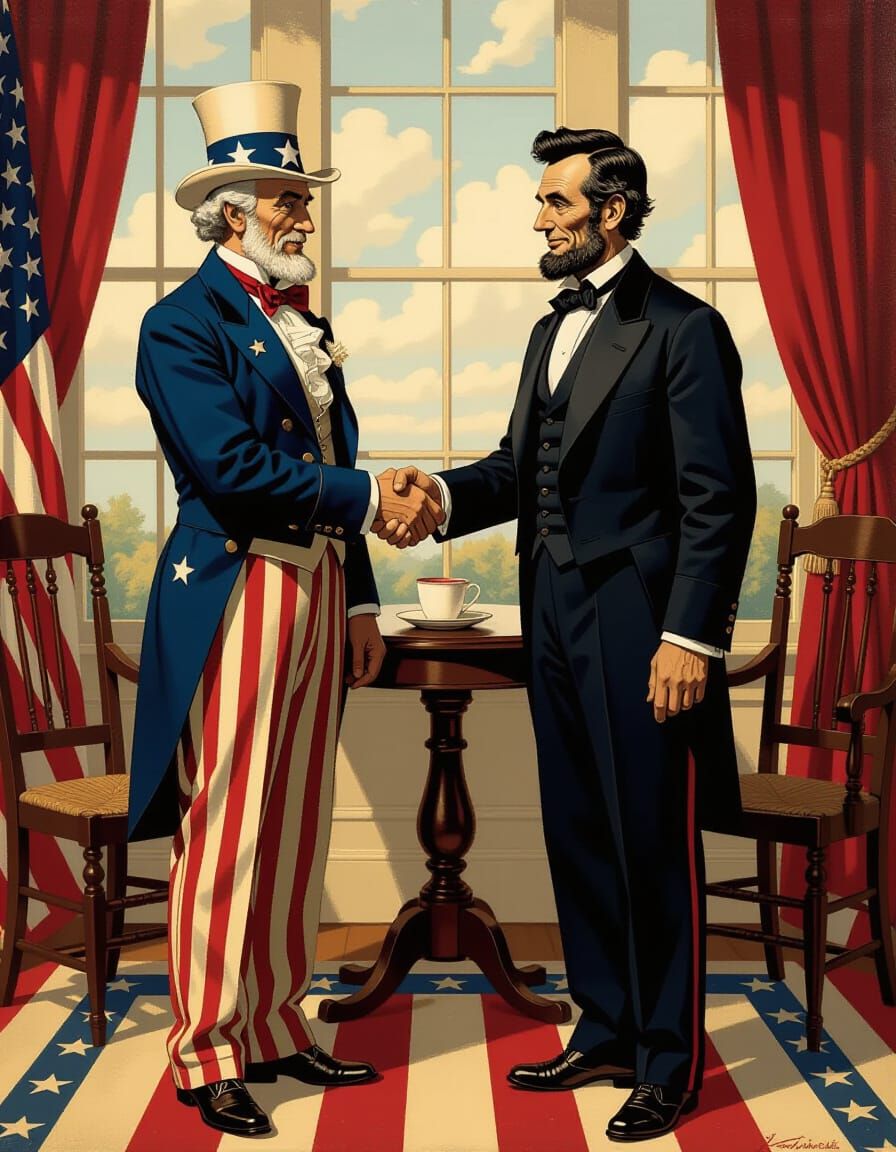 Uncle Sam and Lincoln Shake Hands in Patriotic Folk Art Styl...