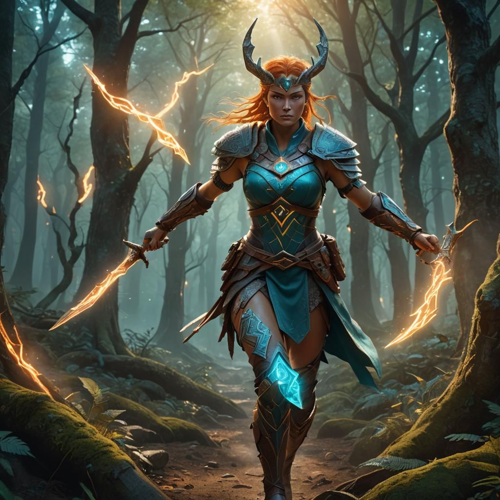 Powerful Rune Warrior in Mystical Forest, 3D Render