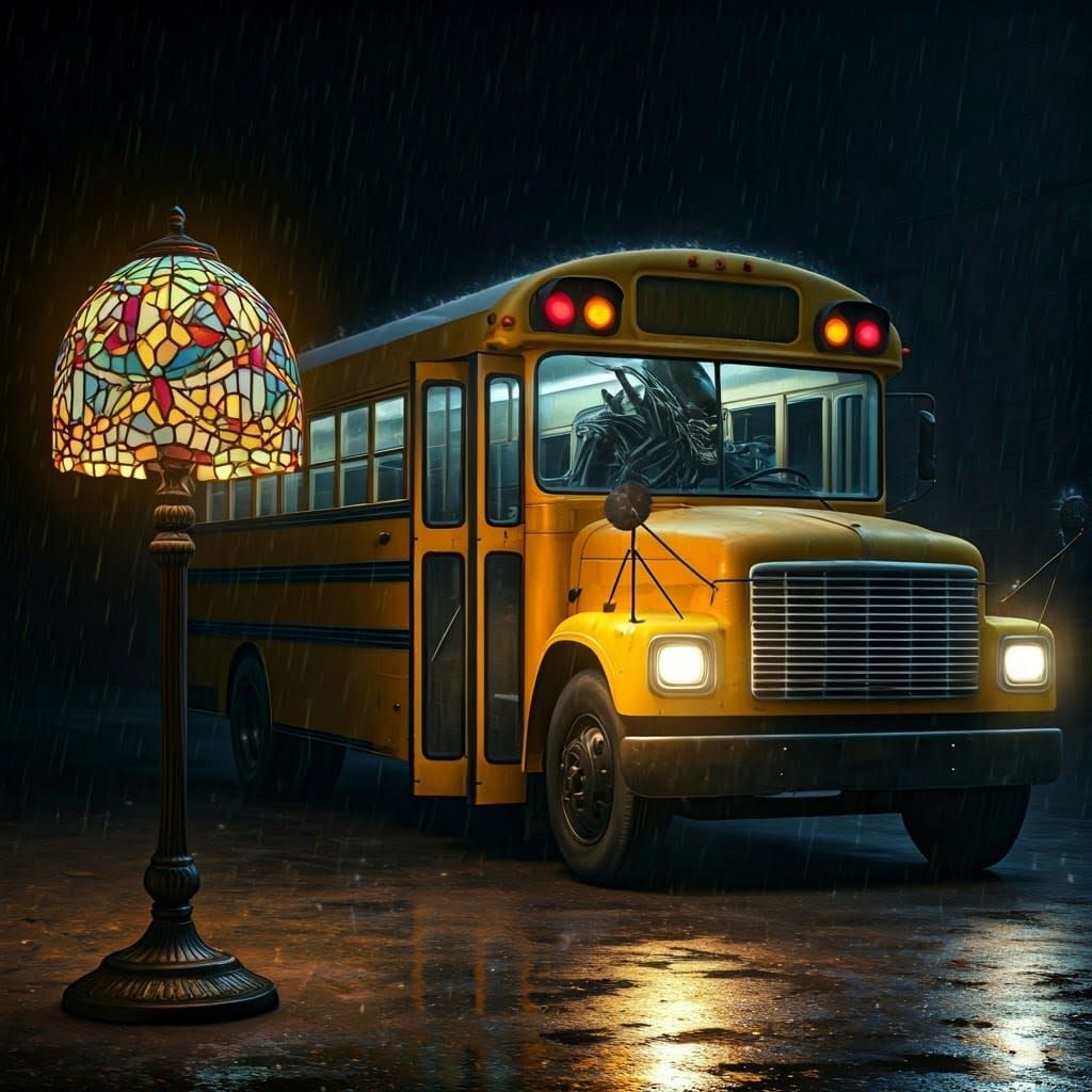 Surreal School Bus with Tiffany Lamp in Rainy Street