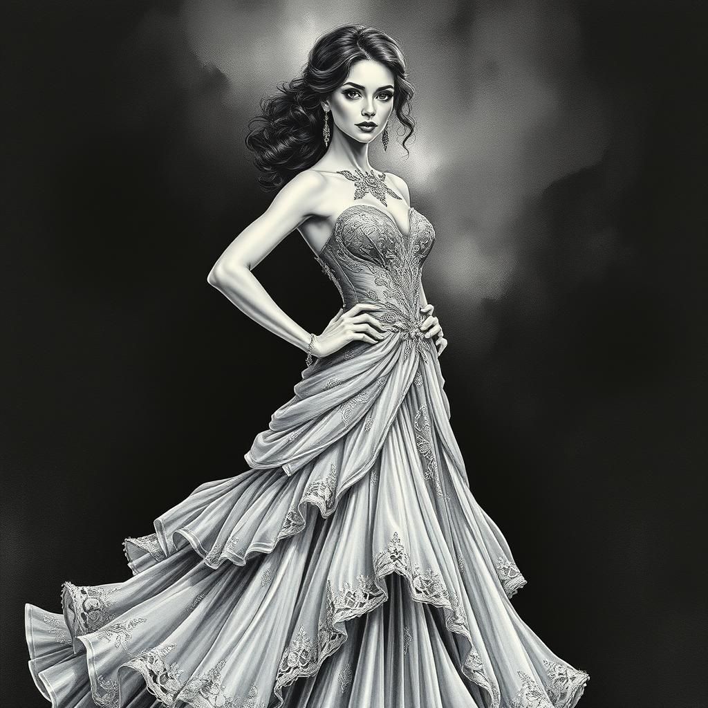 A 30 year old lady wearing a feisty heroine ball gown