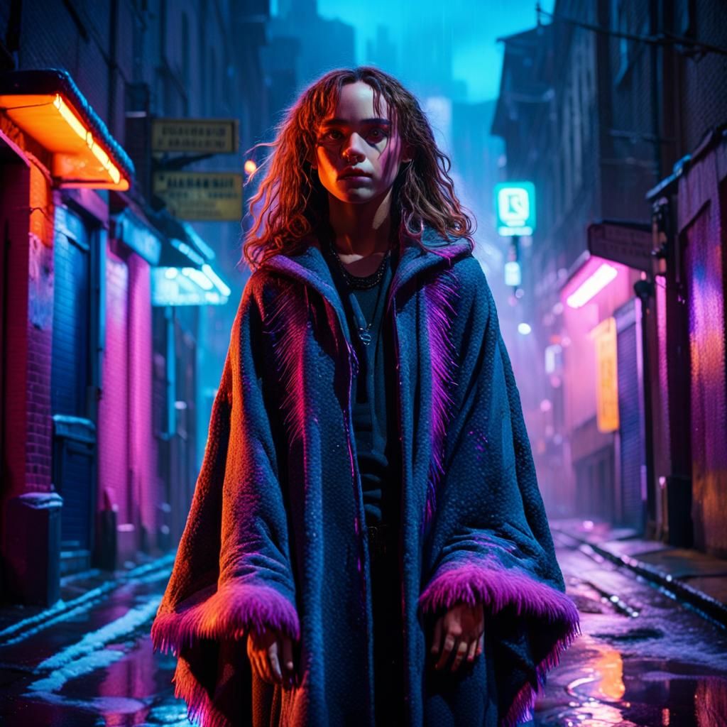 Hermione Granger in Cyberpunk Alley with Neon Lights