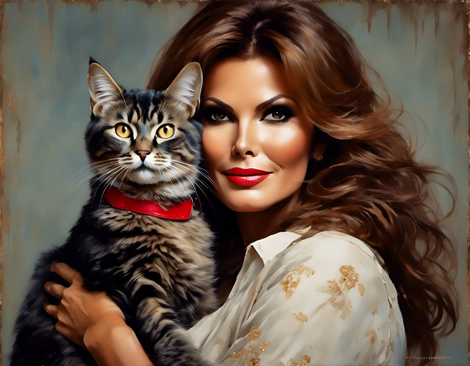 Raquel Welch Holding a Grey Cat