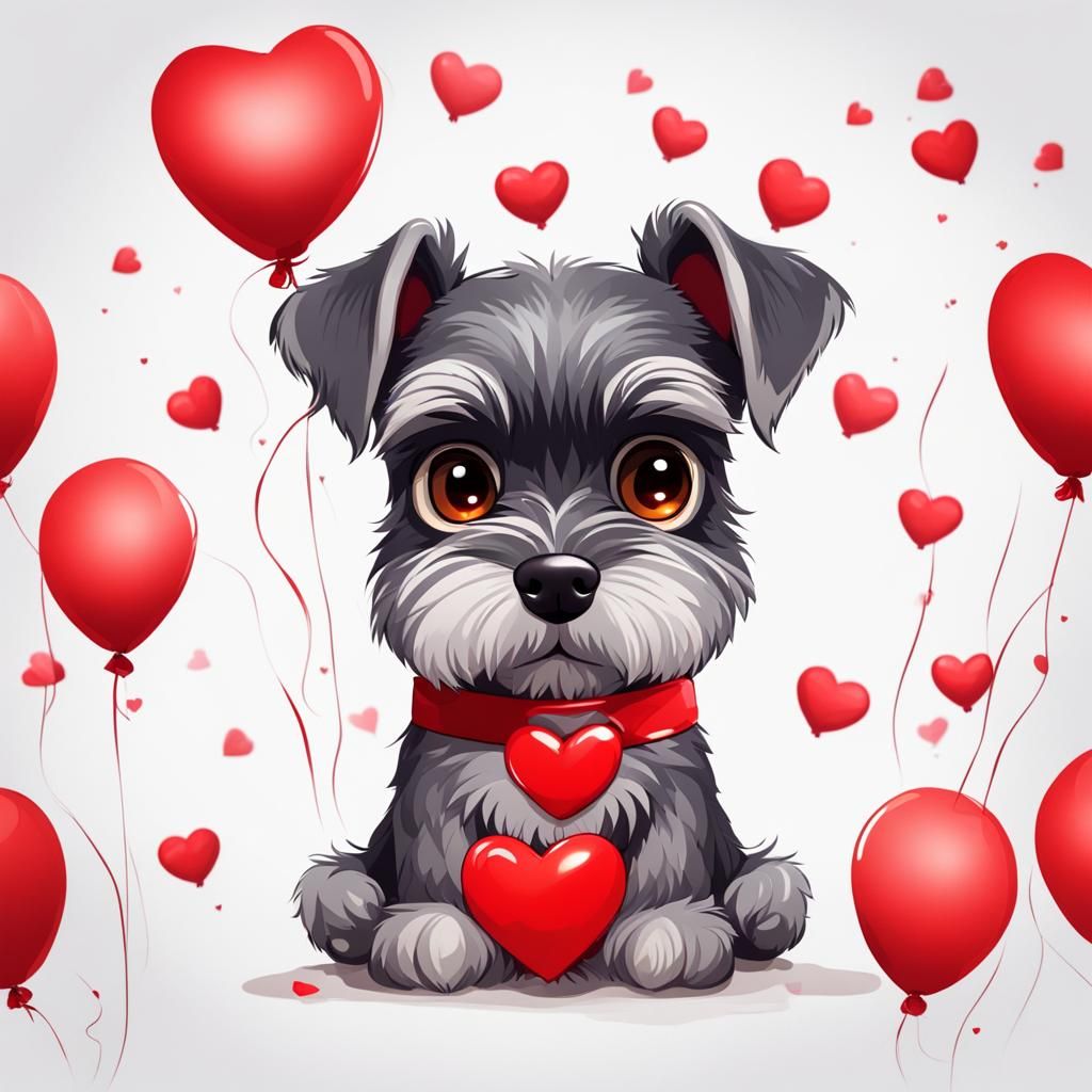 Cute Sad Schnauzer Puppy with Red Hearts