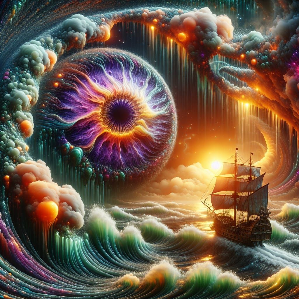 Ethereal Encounter: Alien Orb Watches Pirate Ship in Stormy ...