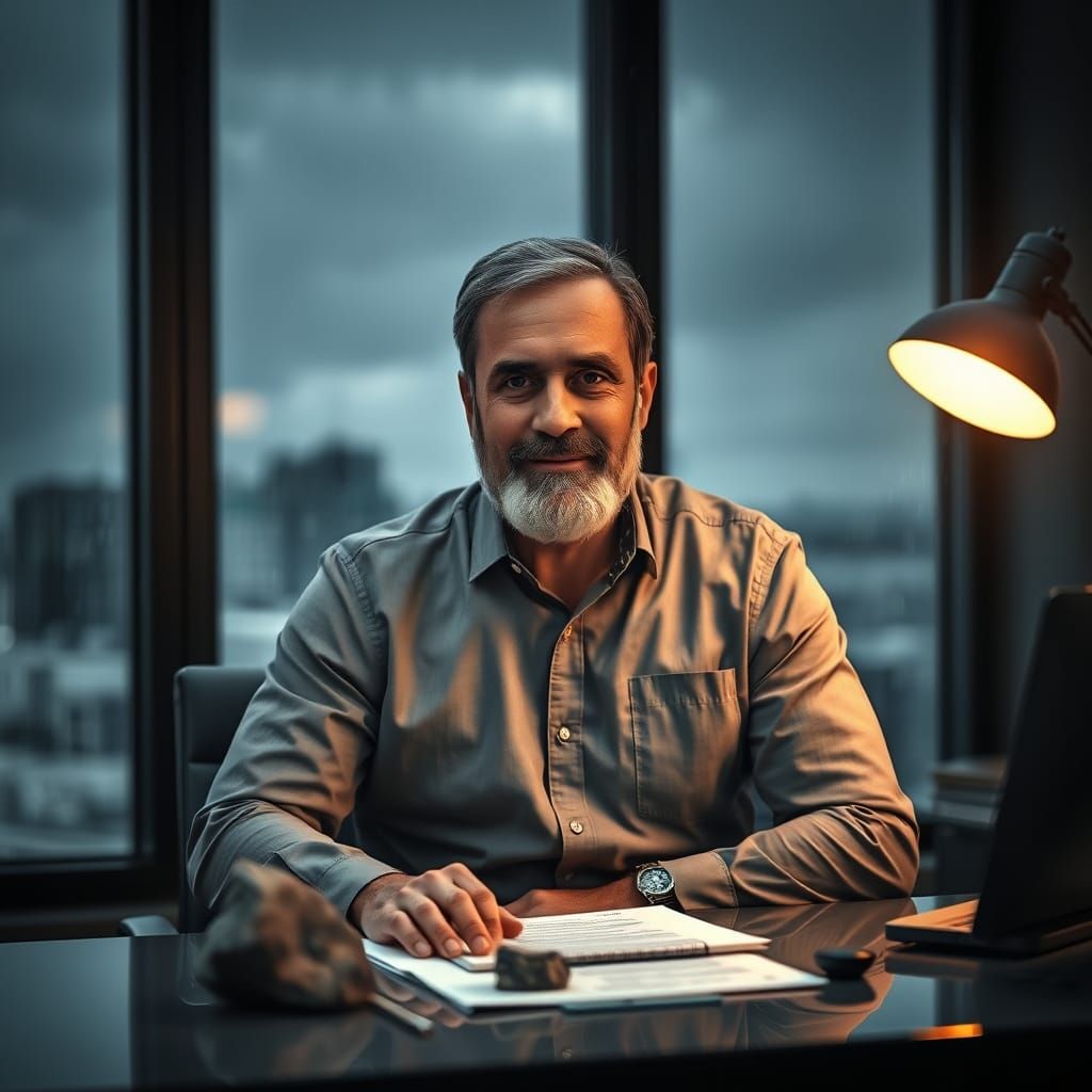 Italian Man at Desk During Storm