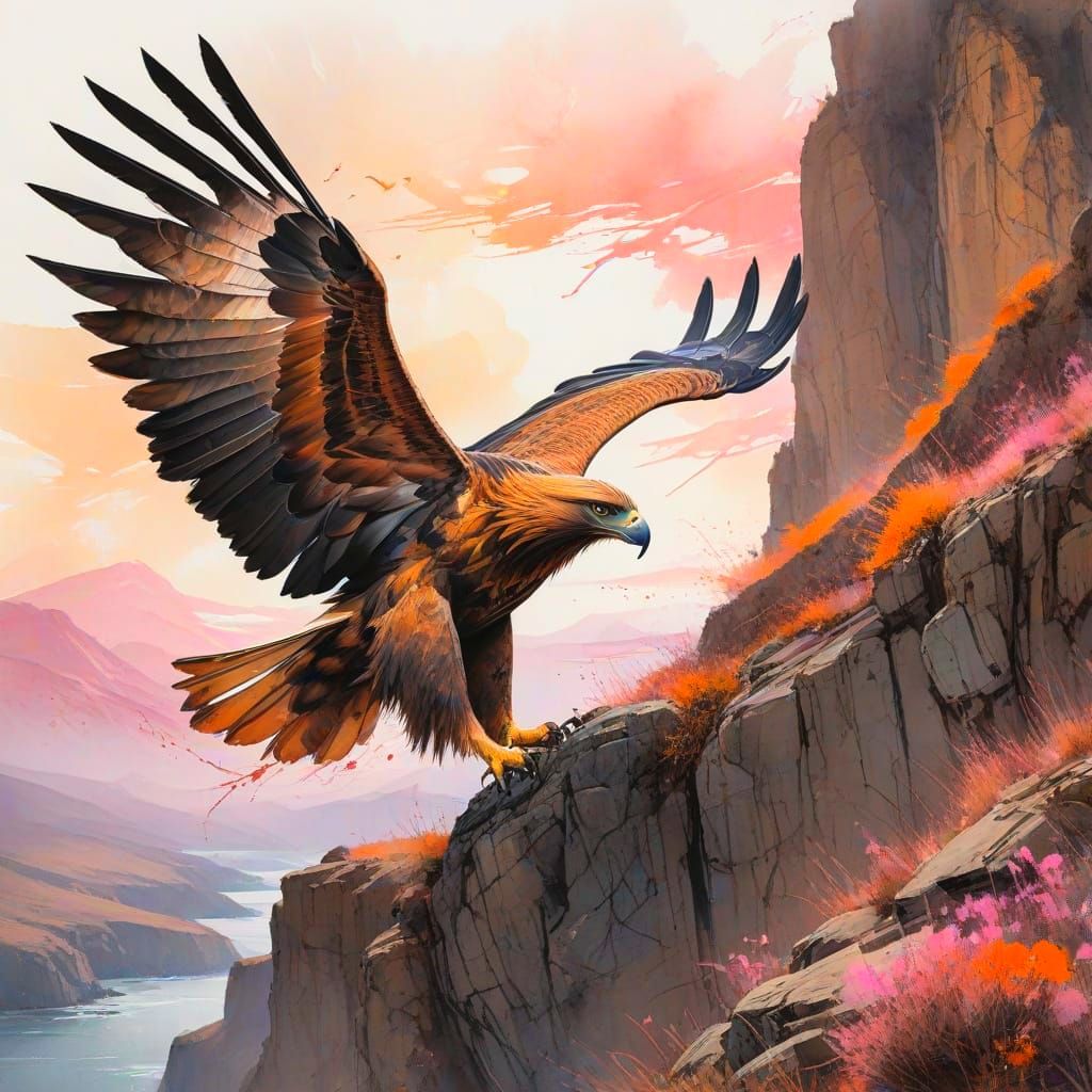 Golden Eagle Soars Above Rugged Cliffs at Dawn