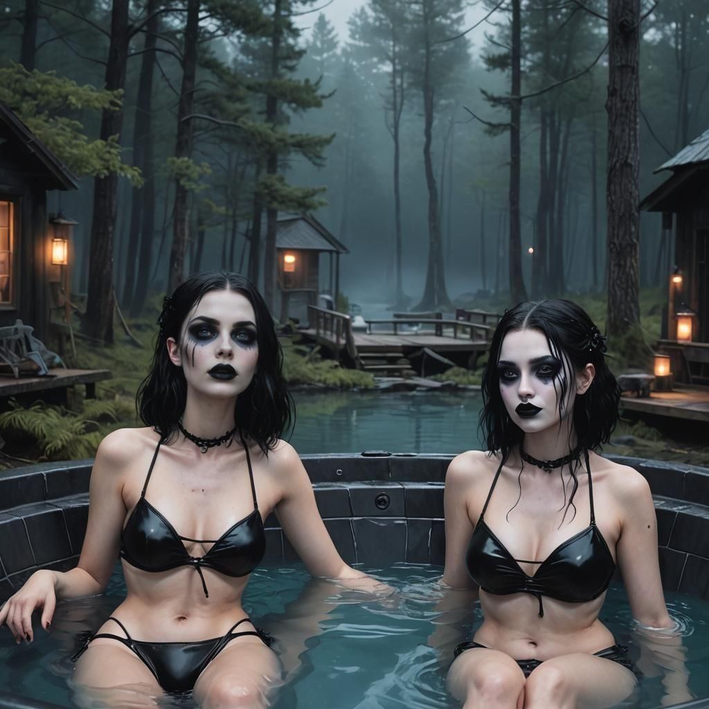 Adorable Goth Girls in Bikinis at Night