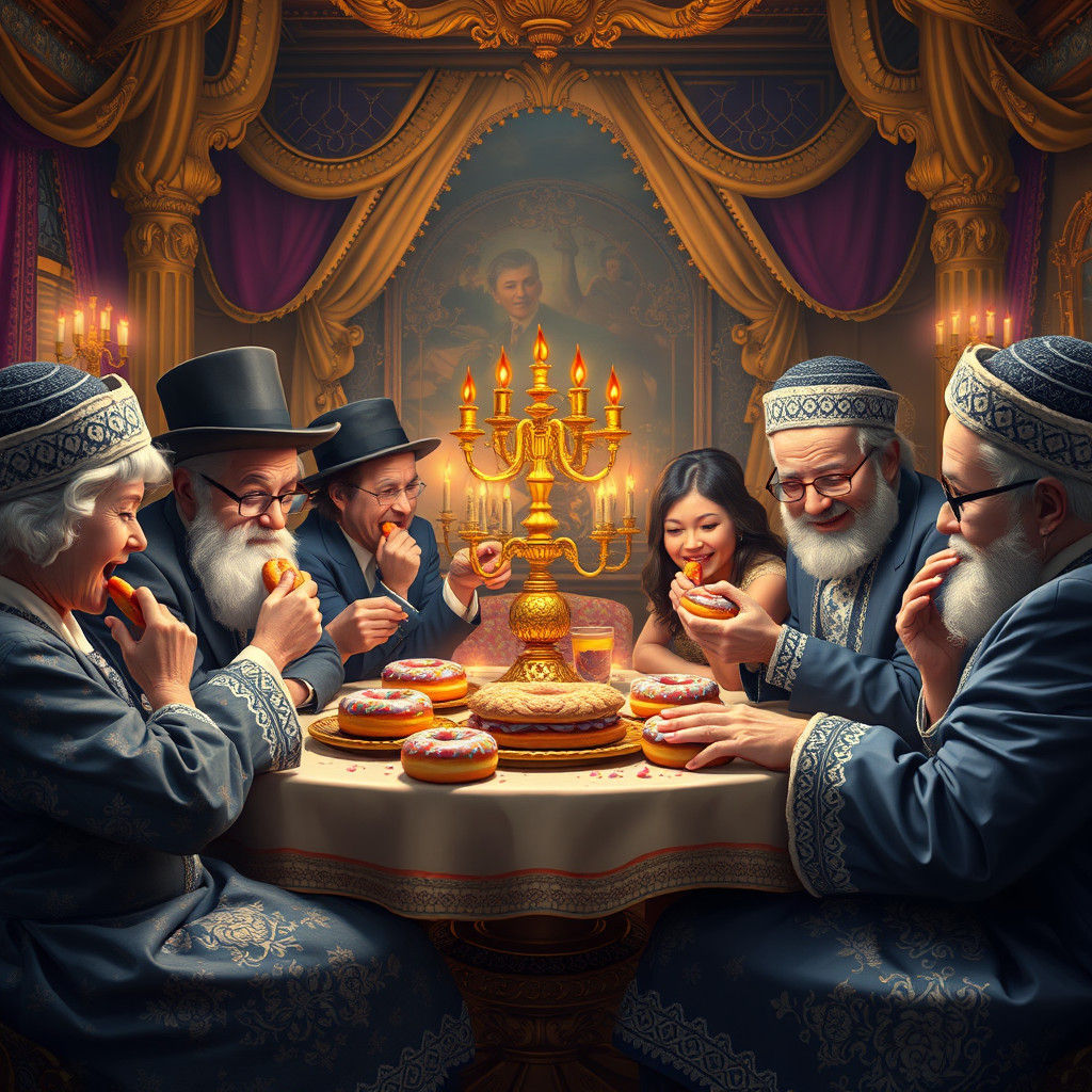 Hasidic Family Celebrates with Jelly Donuts in Dreamlike Sce...