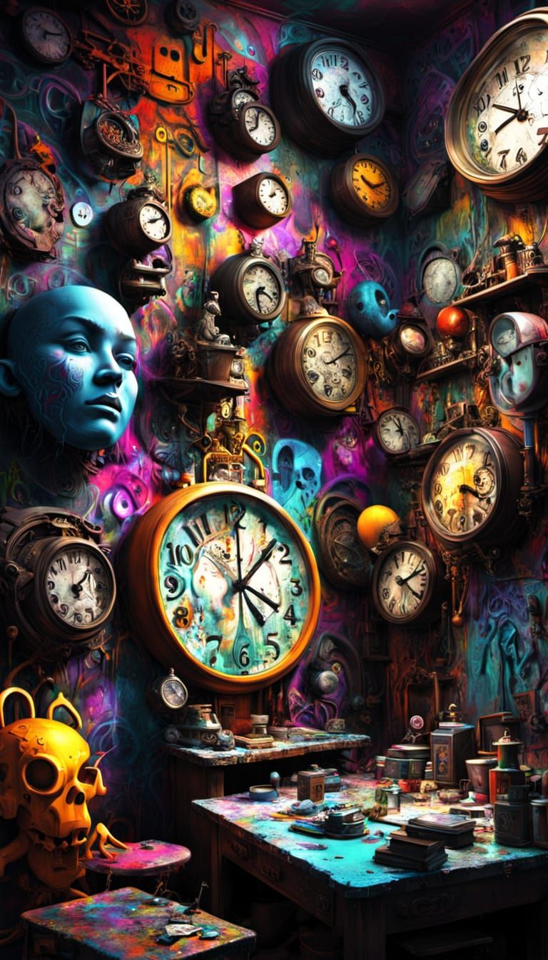 Eclectic Room with Melting Clocks in Graffiti Style
