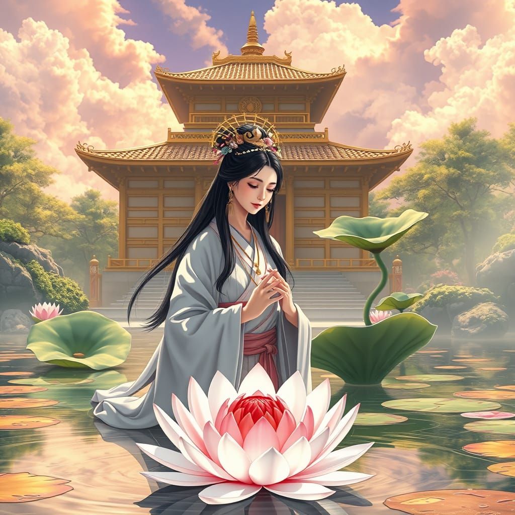 Japanese Goddess Kannon Rises from a Lotus Pond