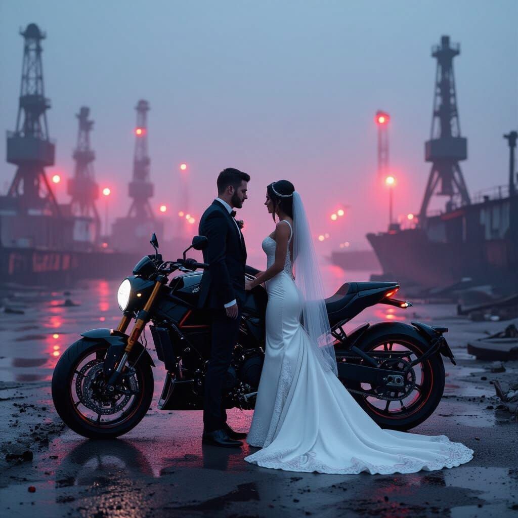 Bride and Groom on Superbike in Foggy Harbor