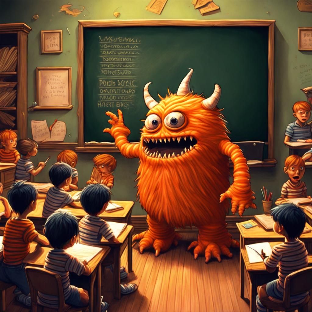 Orange Striped Monster Writes Name: Magic Realism Scene