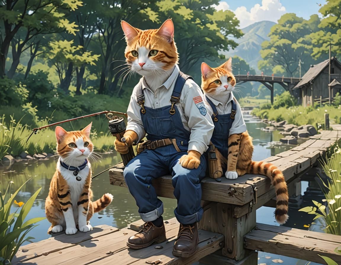 Cats Fishing on a Bridge in 3D Anime Art