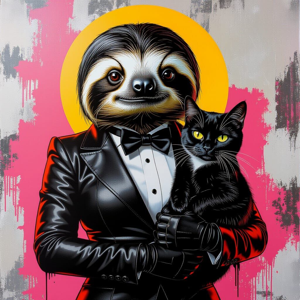 Lady Sloth with Cat in Street Art Style