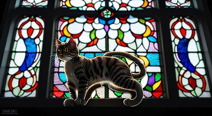 stained glass window cat design, hyperrealism, 8k resolution, perfect composition, digtal art, sharp focus, abstract bac...