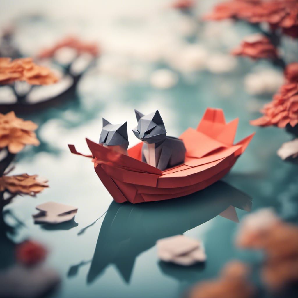 Origami Cat on Chinese Boat Papercraft