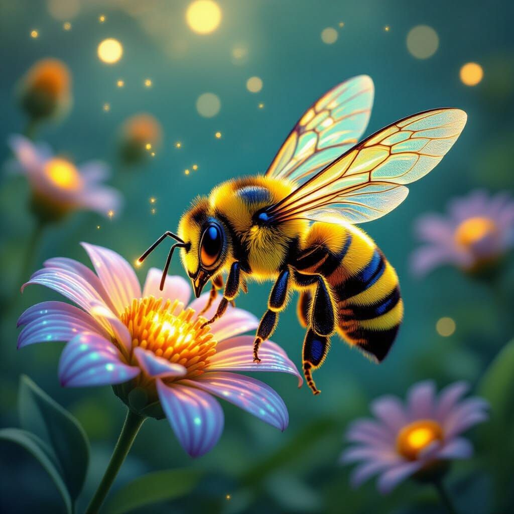 Bioluminescent Honey Bee in Surreal Iridescent Flower Field