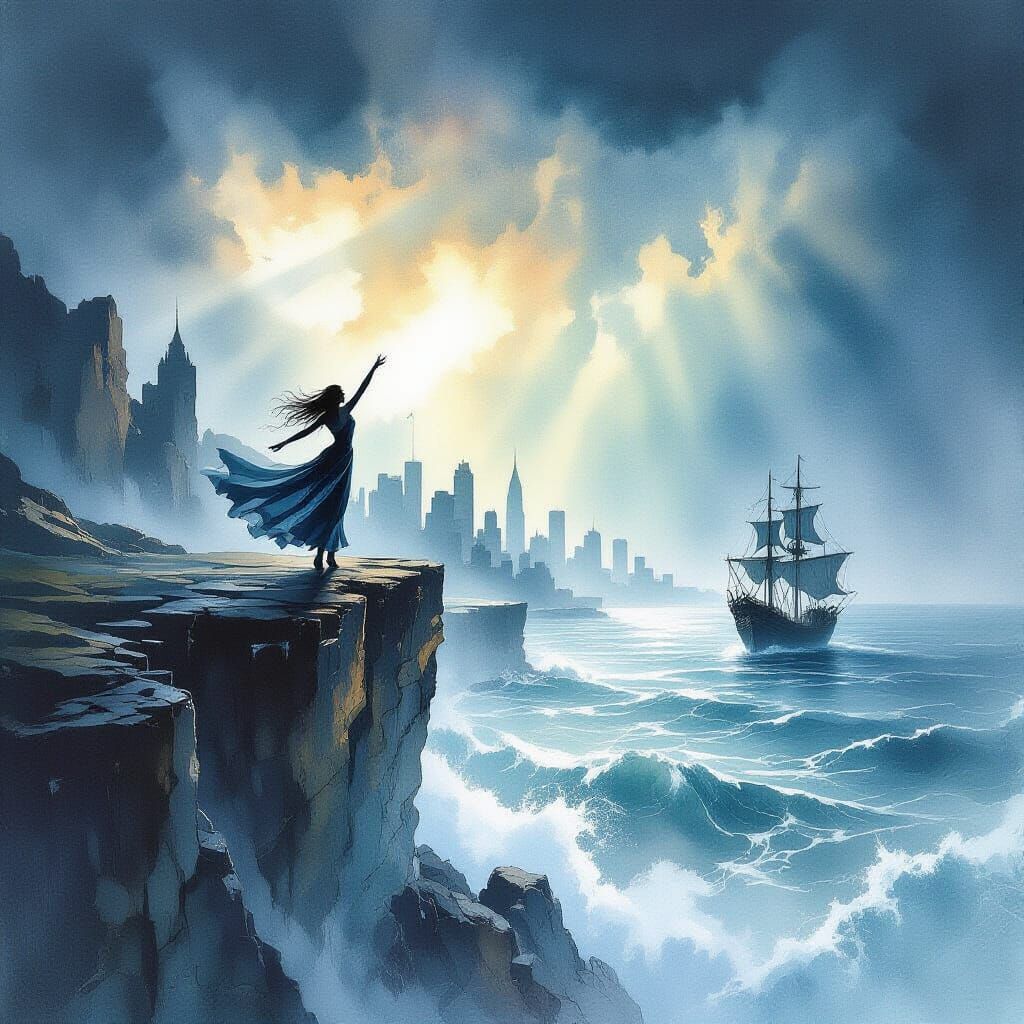 Dramatic Dancer on Cliffs Over Stormy Sea