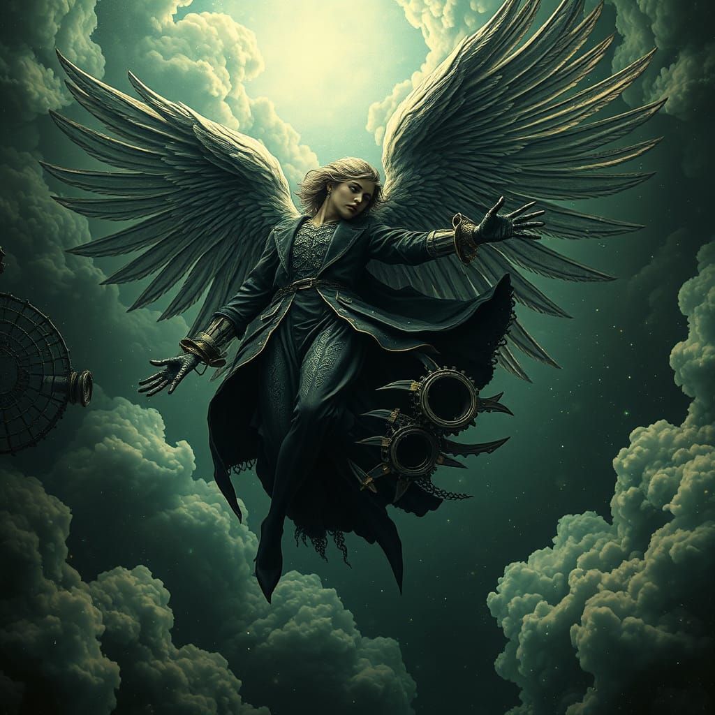 Fallen Angel in Biomechanical Cyberpunk Dreamscape