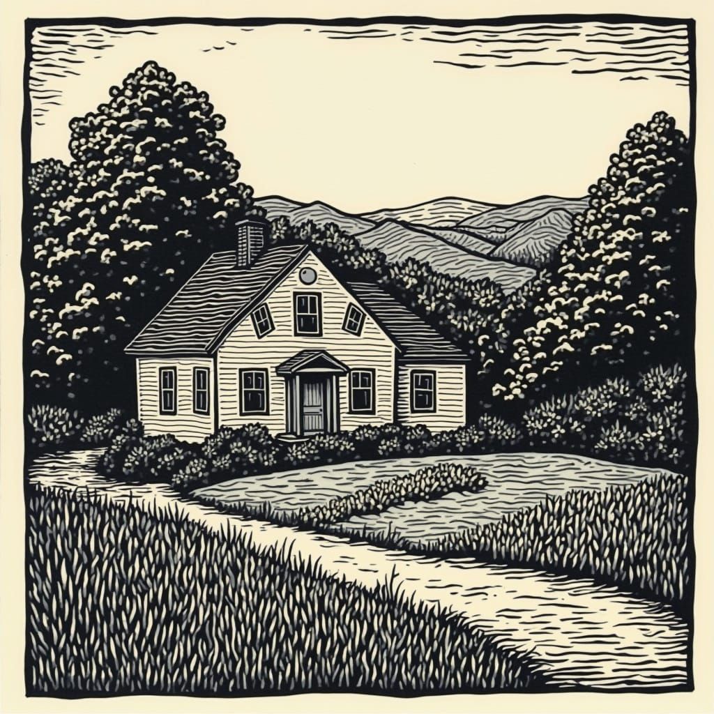 Vintage Woodcut Scene of Calvin Coolidge Homestead in New En...