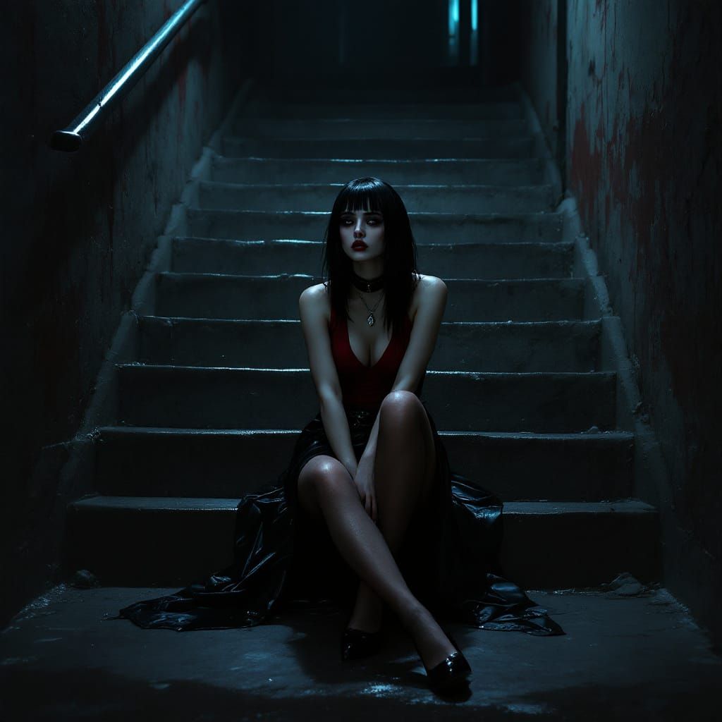 Goth Woman on Stairs in Noir Style