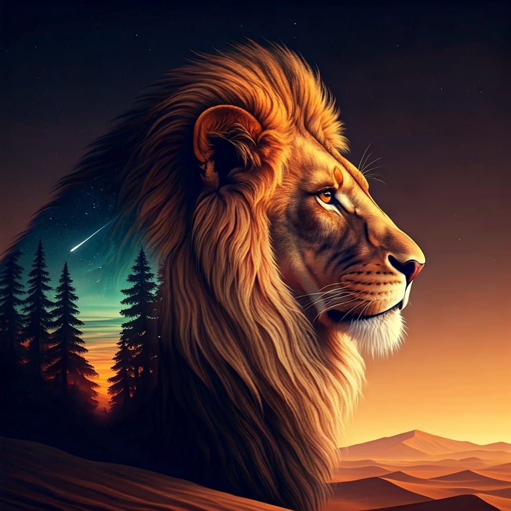 Lion's Profile Against a Starry Sky in Desert Landscape