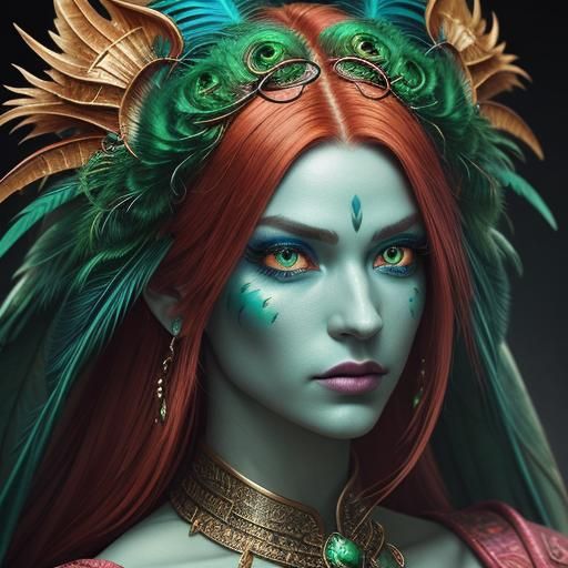 Dragon Woman Portrait with Peacock Feathers, HDR Photography