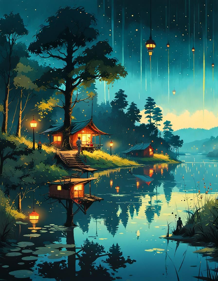 Fireflies by Lake: Digital Illustration in 8k