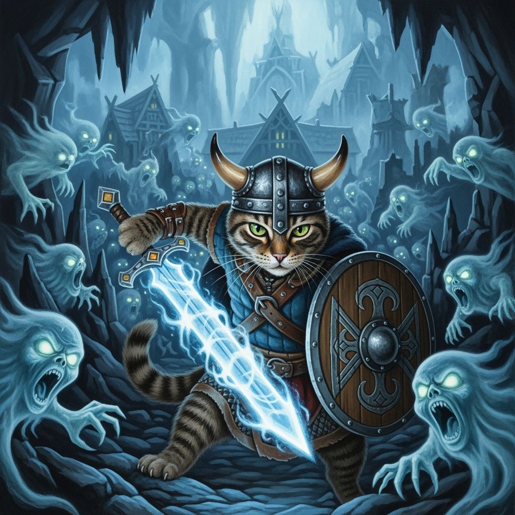 Viking Cat Warrior in Underworld Valhalla