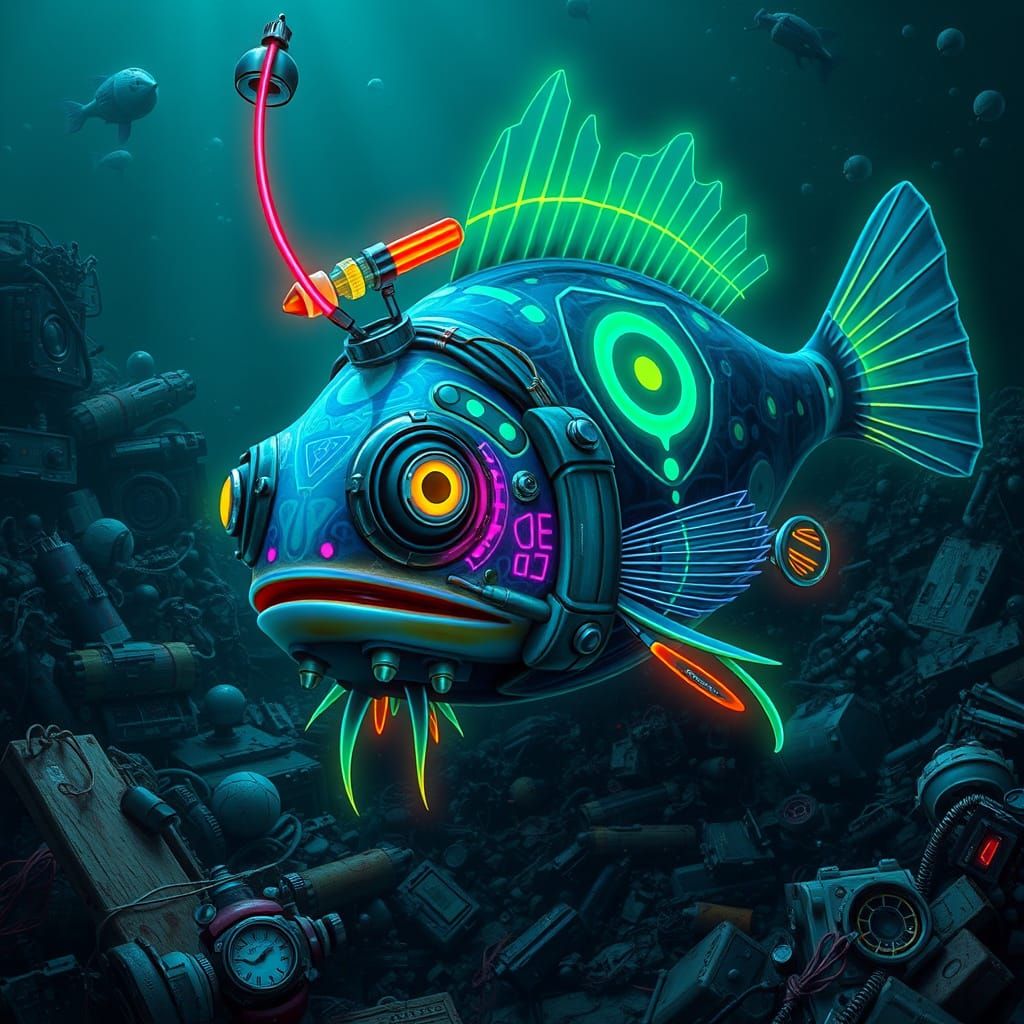 Cybernetic Bioluminescent Anglerfish in Cyberpunk Ocean