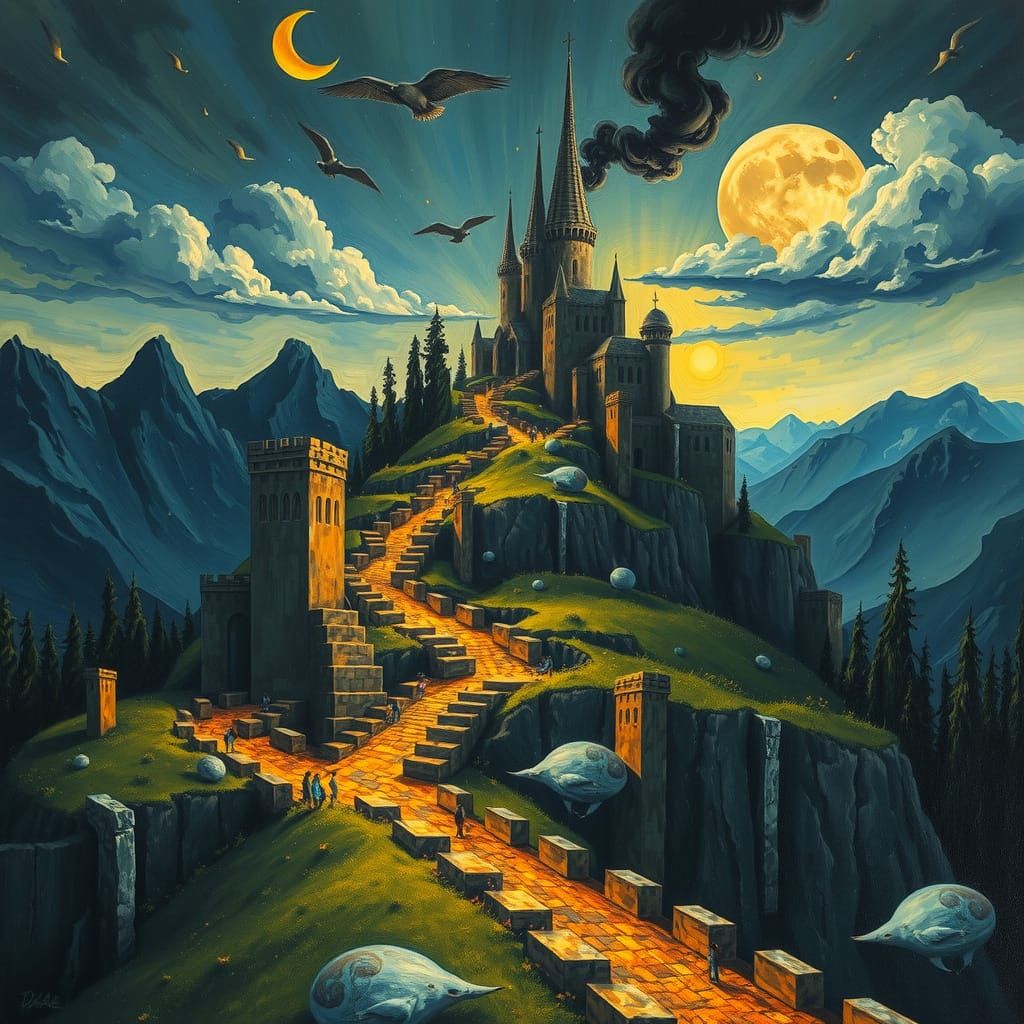 Surreal Oil Painting in Ultramarine, Sienna, and Black