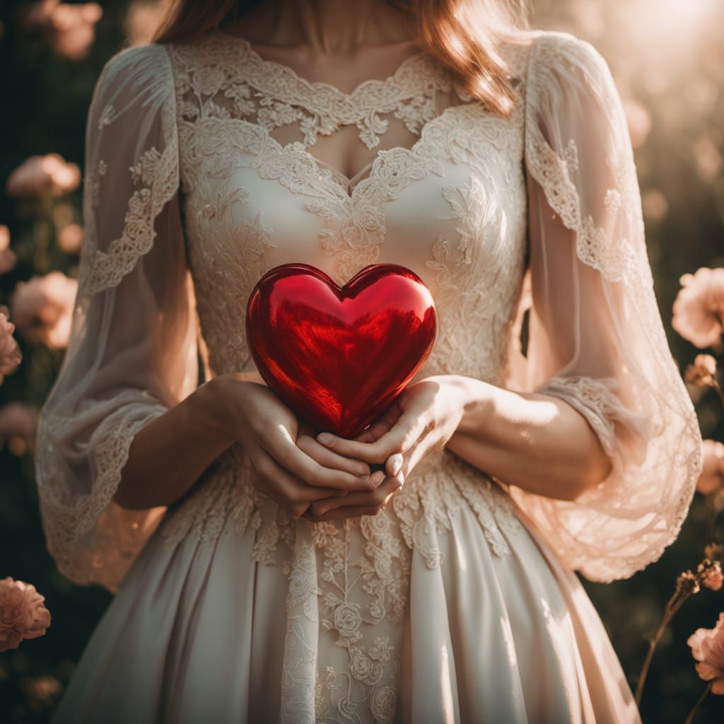 The torso of a woman holding a heart in her hands