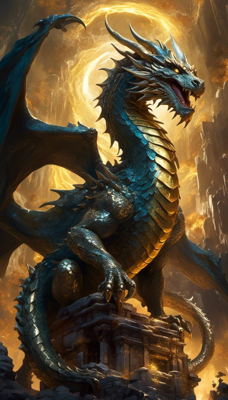 Golden Dragon on Treasure in Eastern Art Style