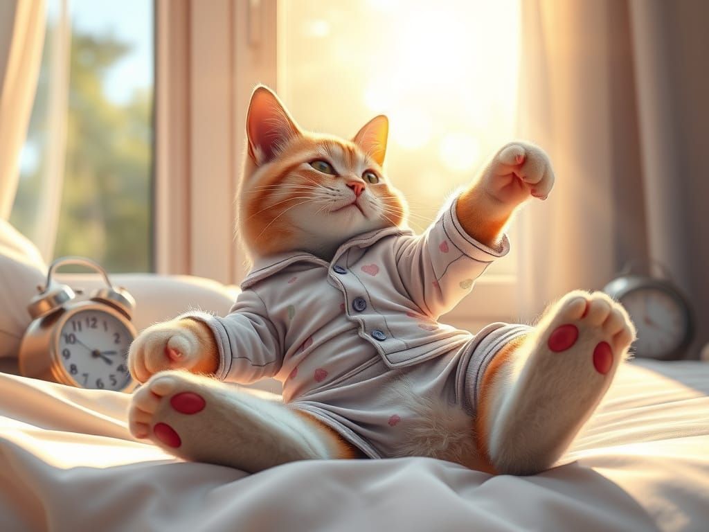 Cat in Pyjamas Stretching on Sunny Morning