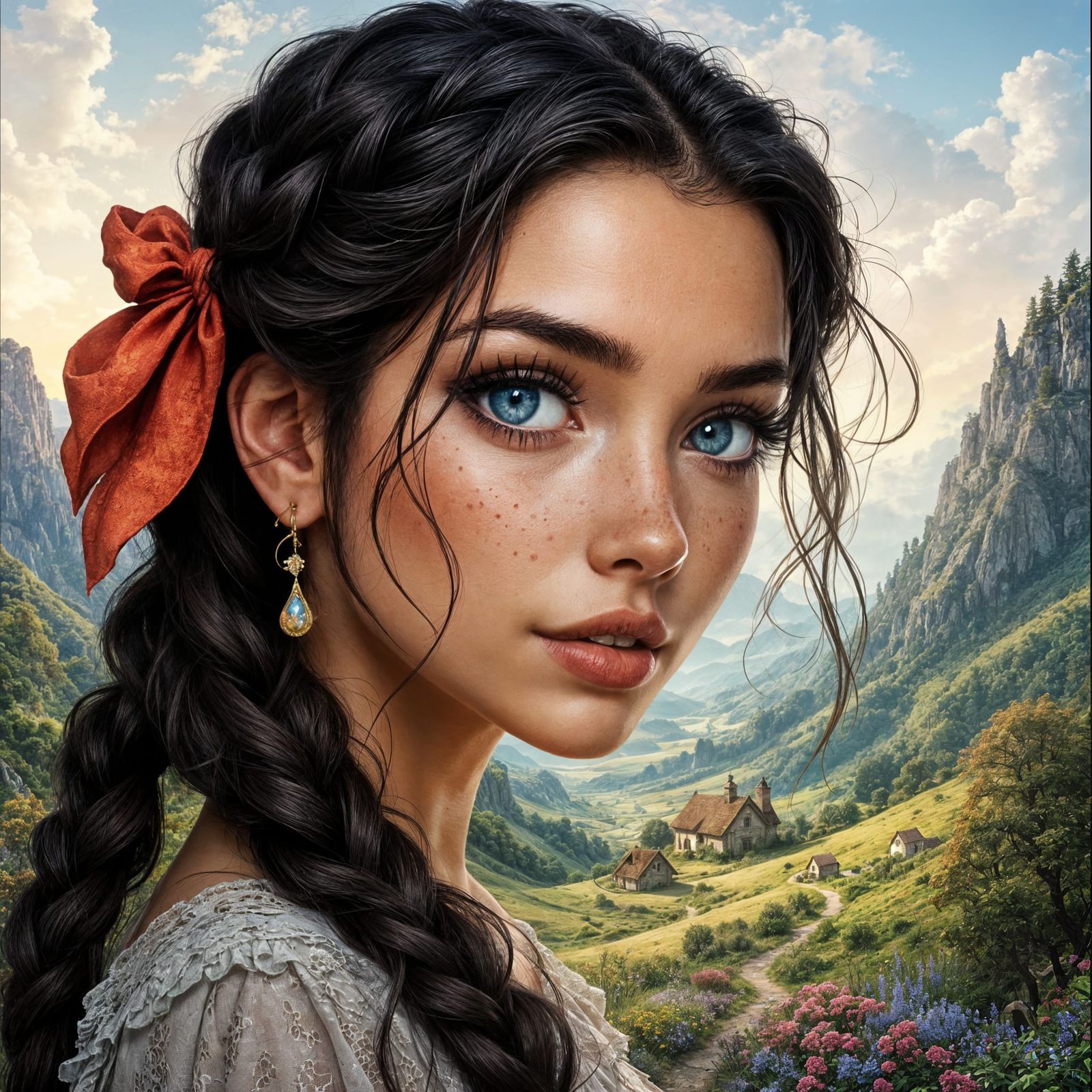 Beautiful Fantasy Wench in Enchanting Valley Landscape