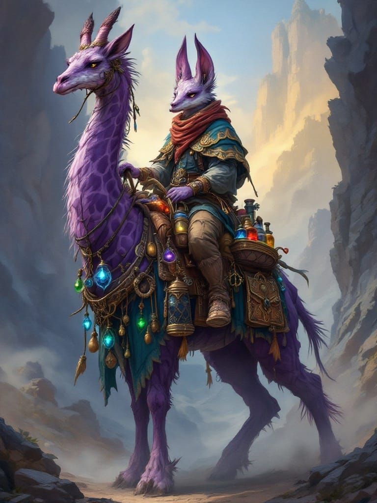 Fantasy Fox Merchant on Two-Headed Giraffe