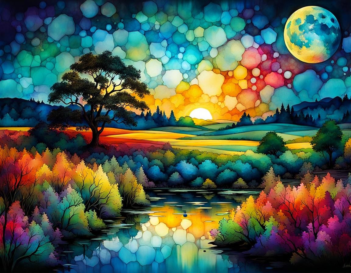 Summer Sunset Landscape in Digital Alcohol Ink Style