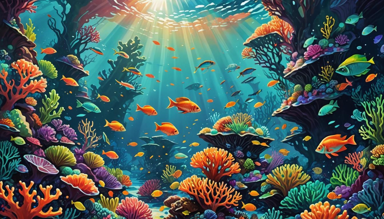 Colorful Coral Reef with Atlanteans in Fauvist Style