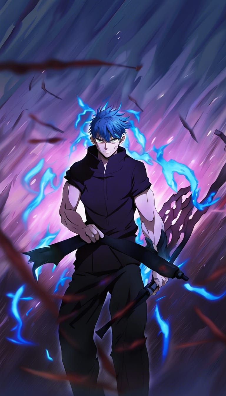 Anime Warrior with Blue Hair in Manga Style